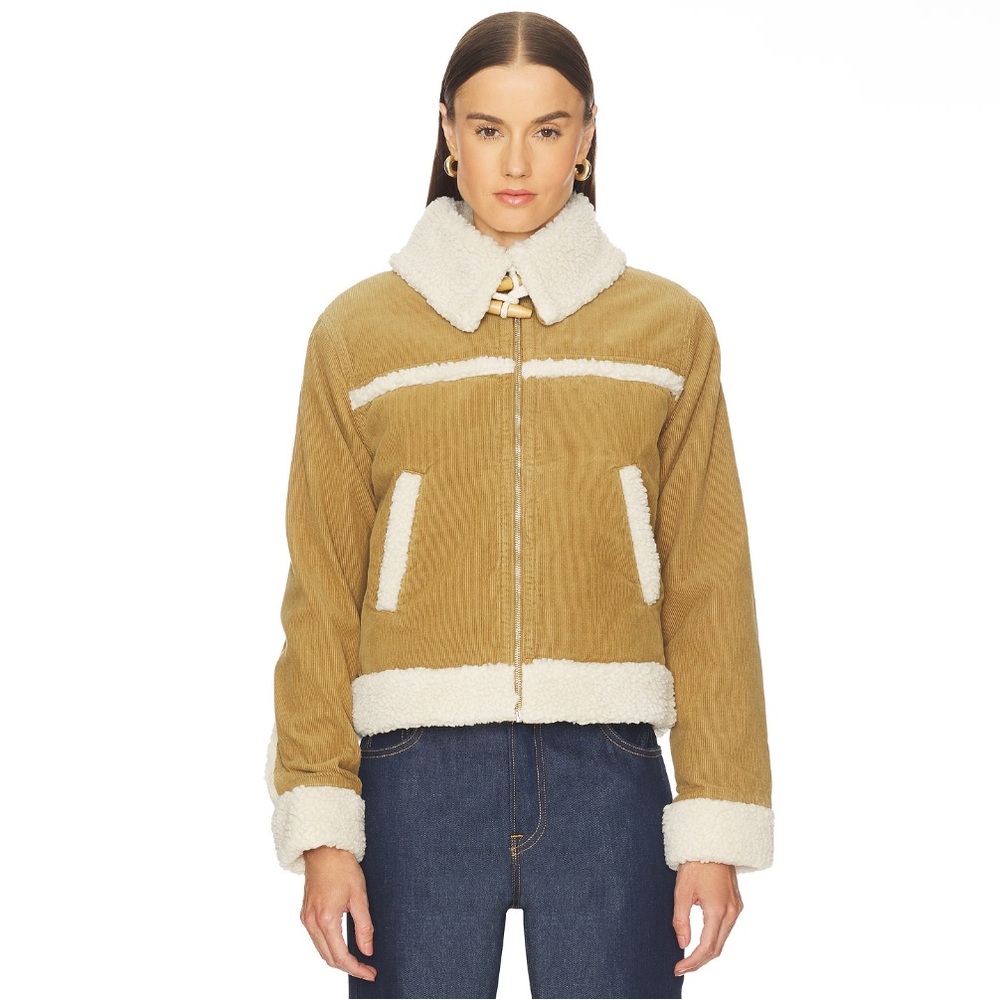 AMO Betty Shearling Jacket in Cumin Aviator Fur Corduroy Coat Revolve $398 NEW